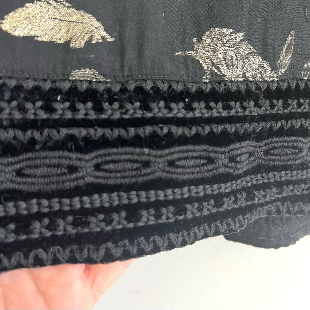 JOHNNY WAS Workshop Black Metallic Gold Feathers Embroidered Hem Mini Dress Sz L - Picture 6 of 16